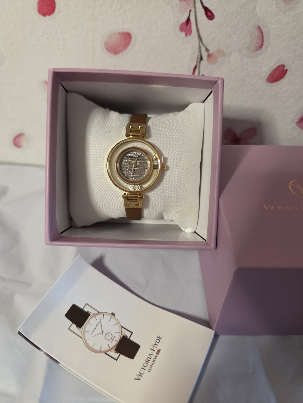 Badgley Mischka Gold Tone Watch with Brown Leather Strap and Crystal Dial